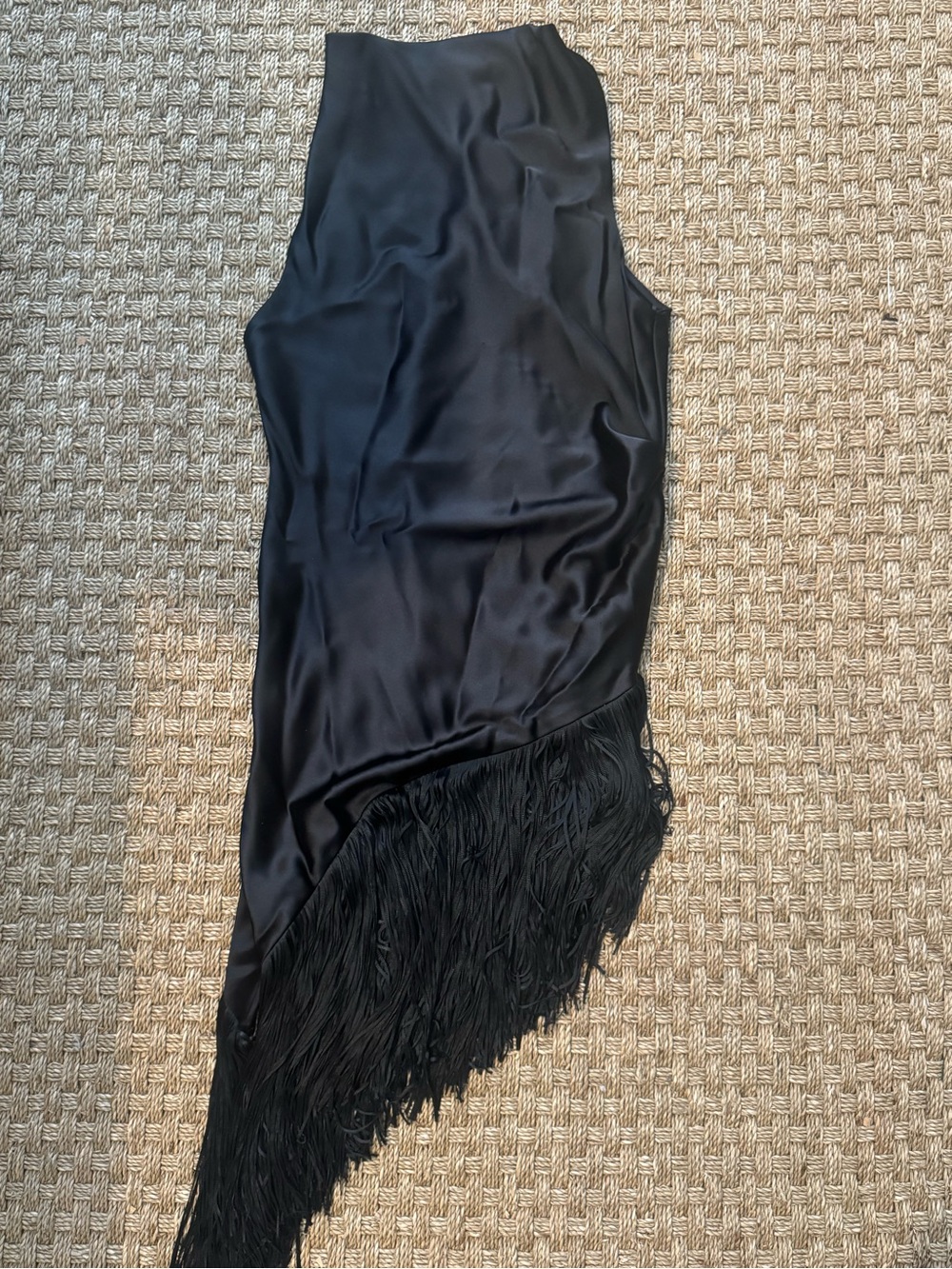 Black Satin Fringe Asymmetric Slip Dress - Picture 3 of 4